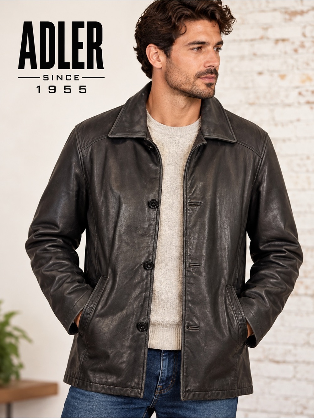 Authentic Adler Men's Leather Button Front Car Coat Jacket Black XS